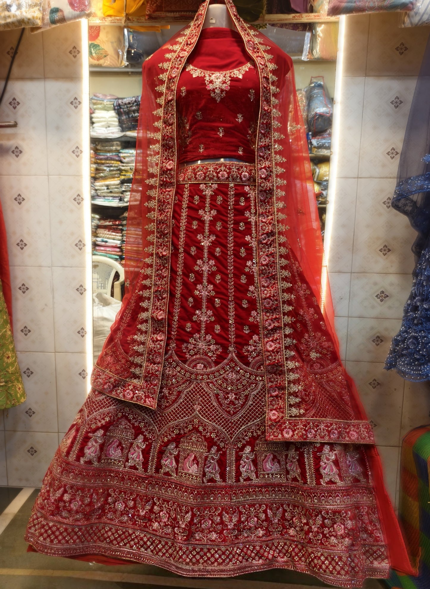 Royal Red Bridal Velvet Lehenga with Intricate Zari and Embroidery Work