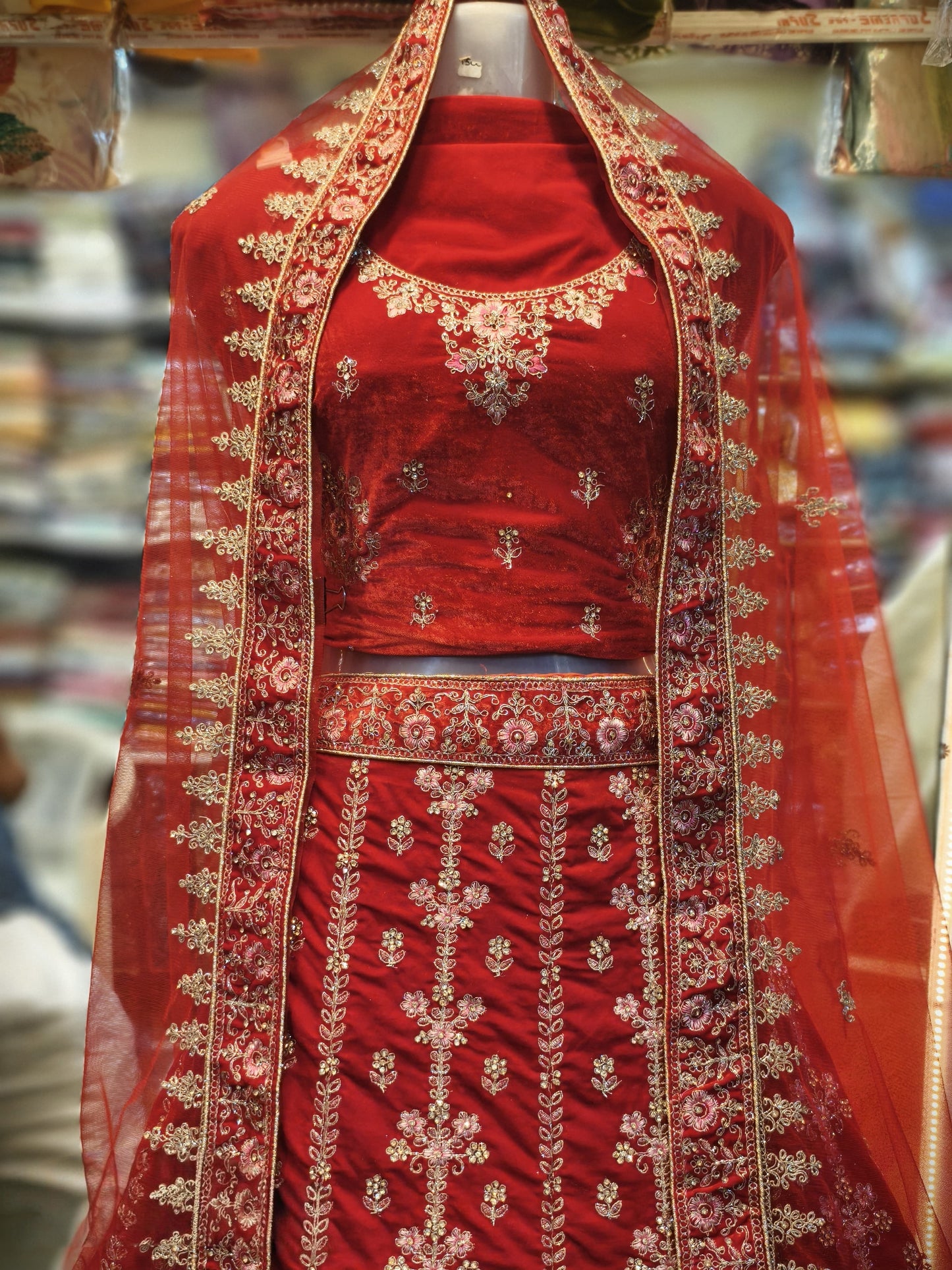 Royal Red Bridal Velvet Lehenga with Intricate Zari and Embroidery Work