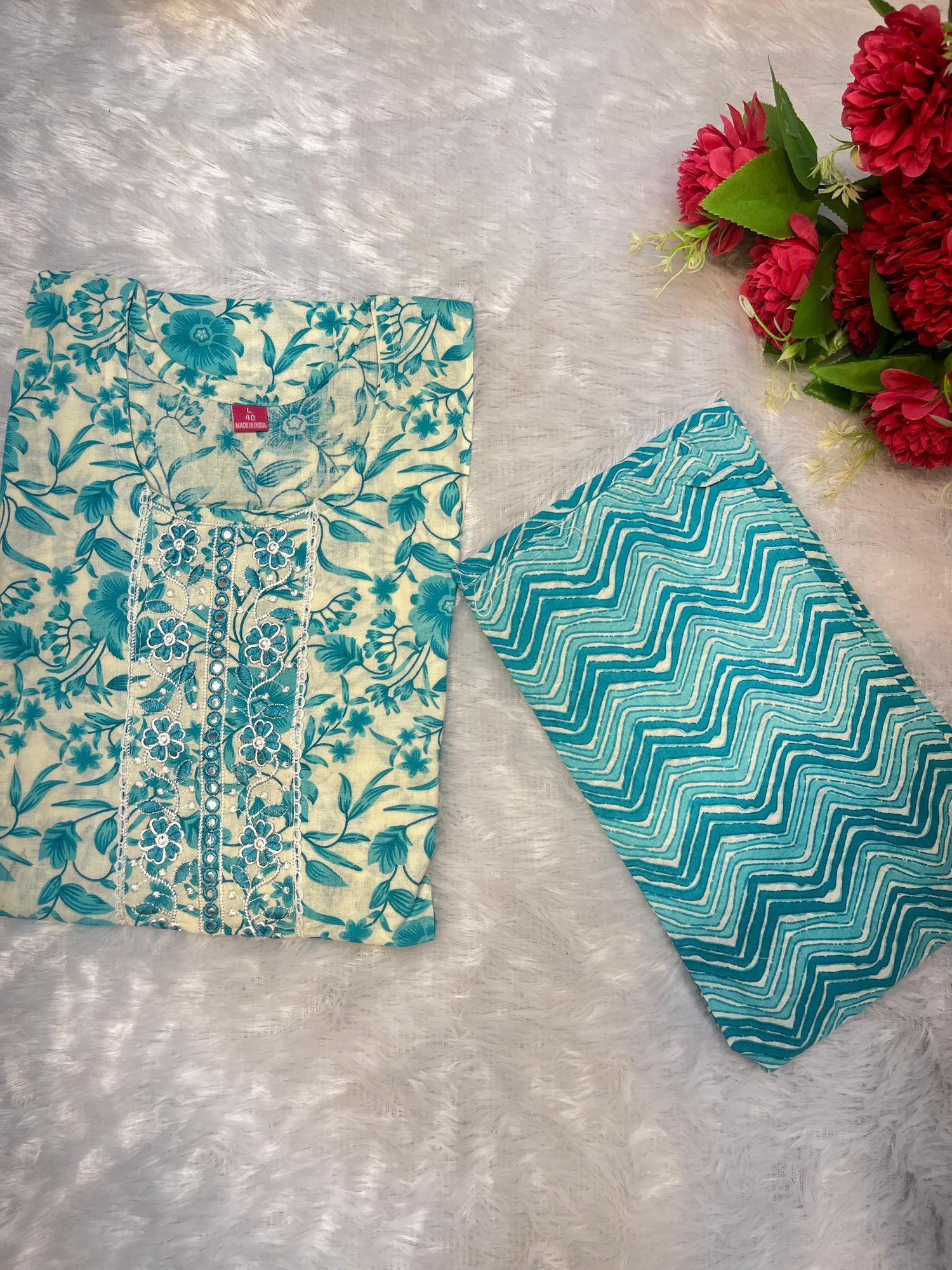 Floral Print Cotton Kurti Set with Embroidered Yoke – Sky Blue & White
