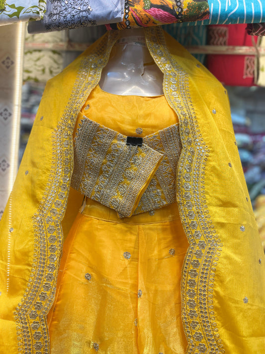 Vibrant Yellow Embroidered Crop Top Lehenga with Dupatta