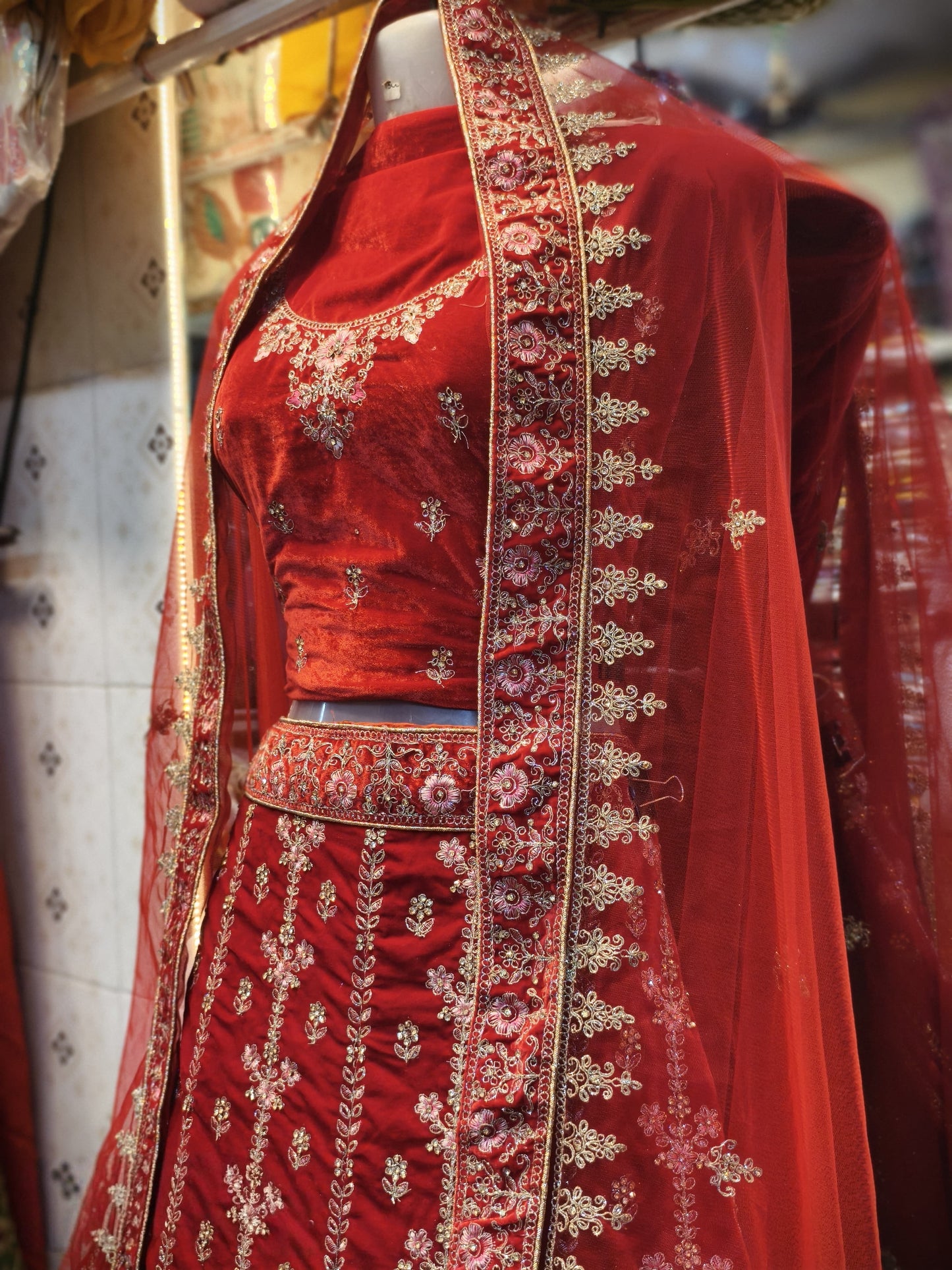 Royal Red Bridal Velvet Lehenga with Intricate Zari and Embroidery Work