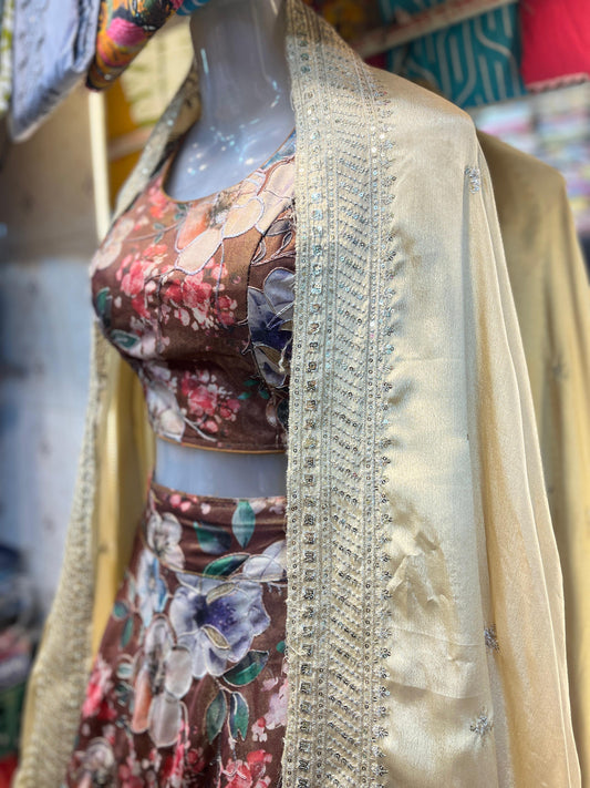 Elegant Brown Floral Crop Top Lehenga Set with Golden Dupatta