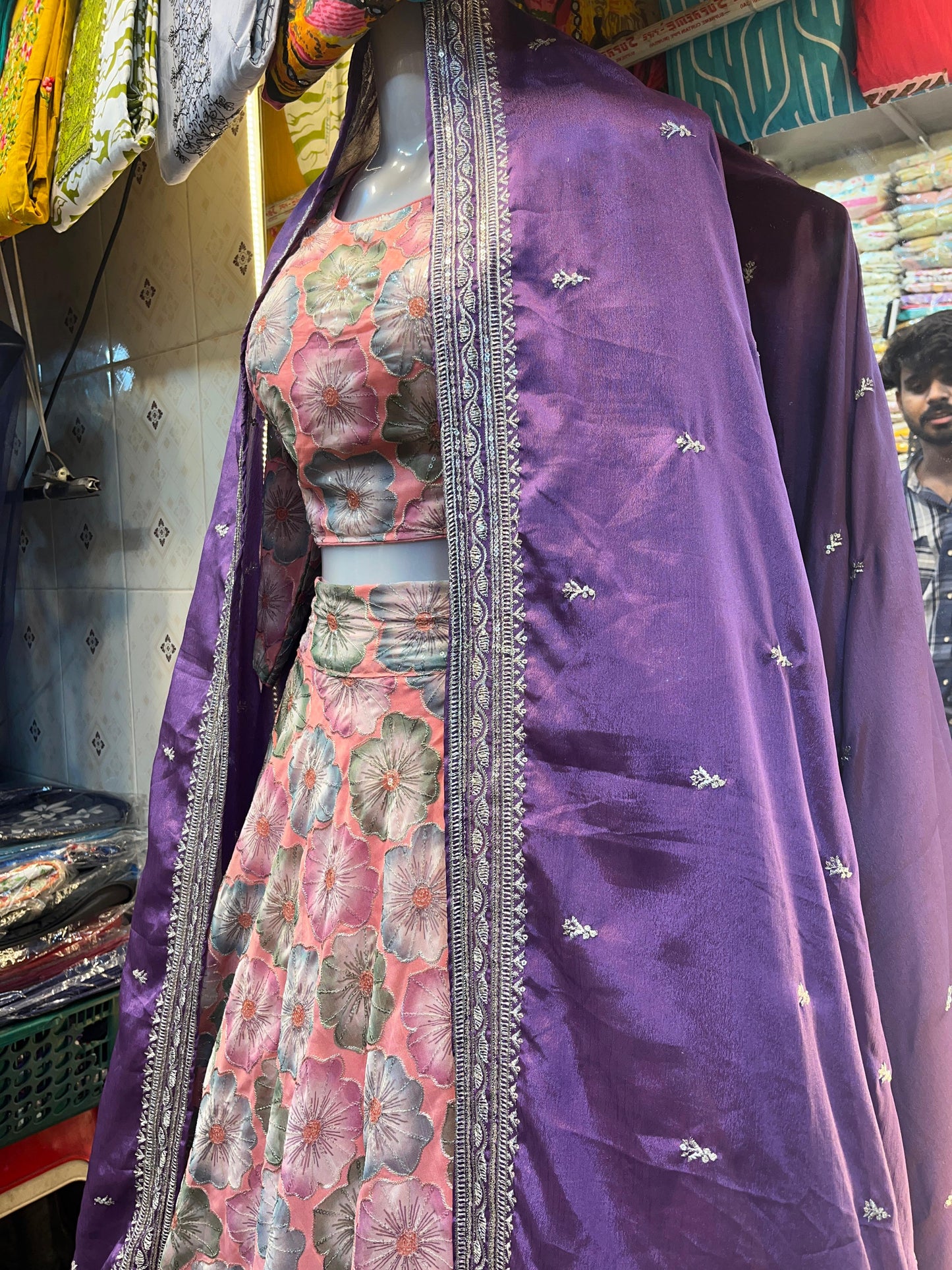 Floral Bliss Silk Lehenga with Purple Dupatta
