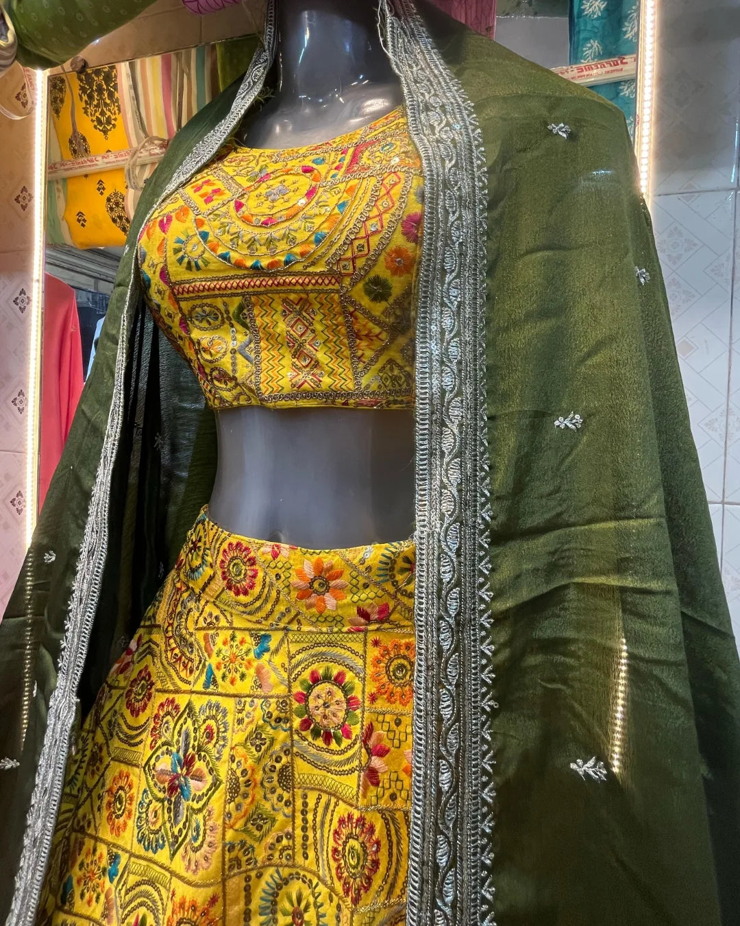 Shiny Yellow Multi-Embroidery Crop Top With Contrast Dupatta.
