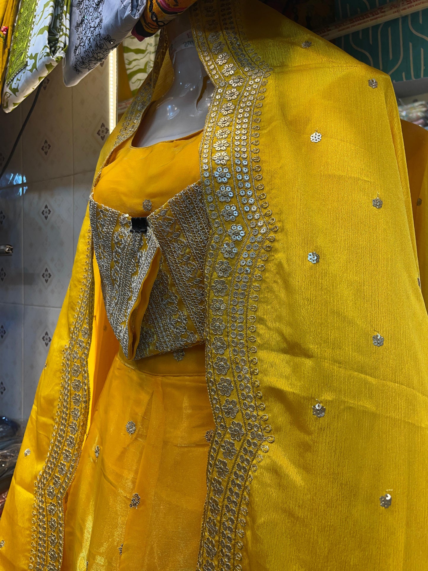 Vibrant Yellow Embroidered Crop Top Lehenga with Dupatta