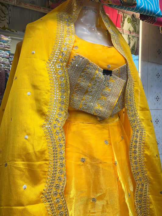 Vibrant Yellow Embroidered Crop Top Lehenga with Dupatta
