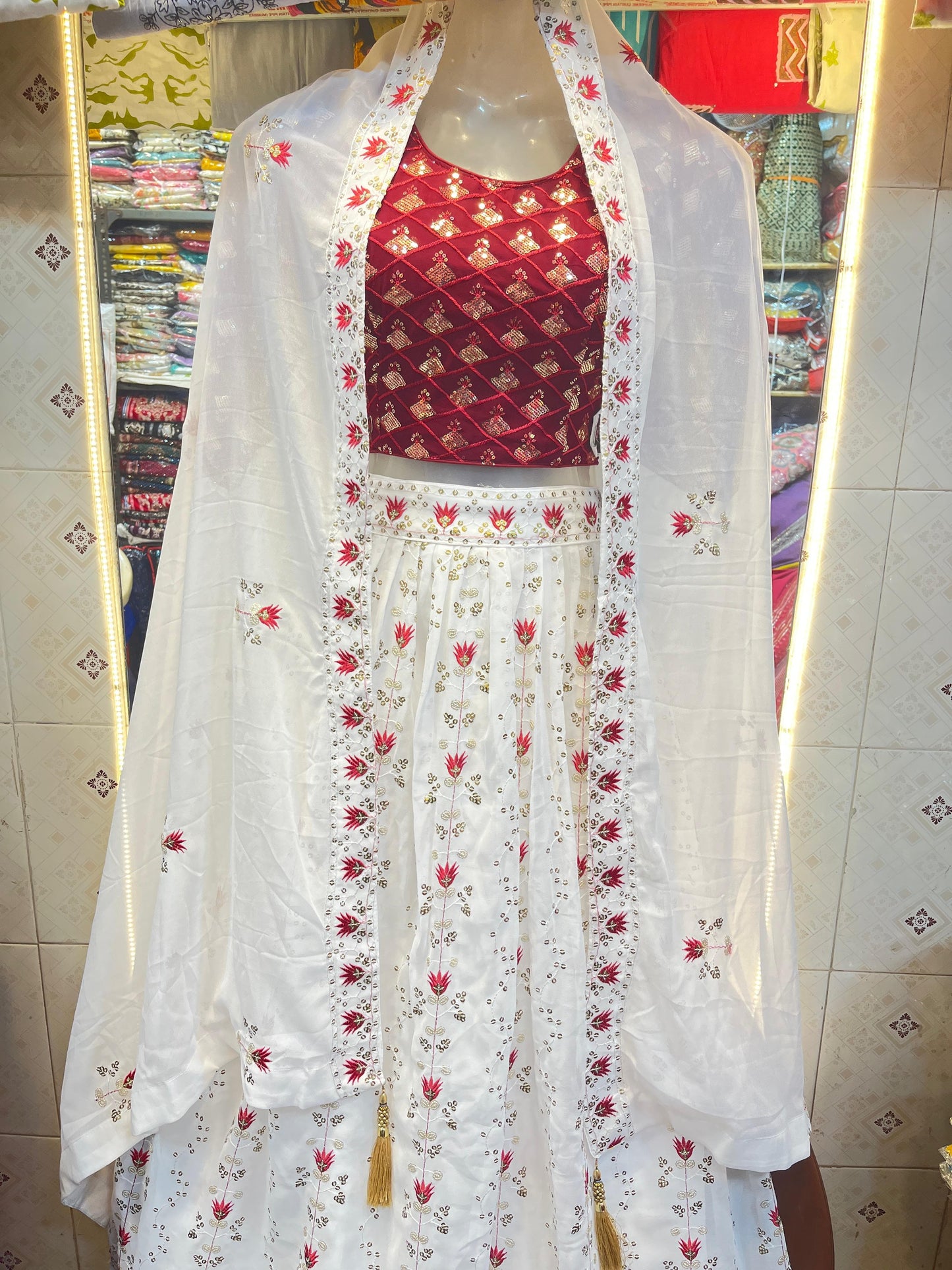 Elegant Red & White Embroidered Crop Top Lehenga Set