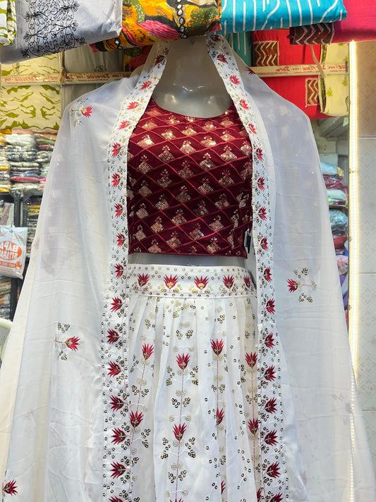 Elegant Red & White Embroidered Crop Top Lehenga Set