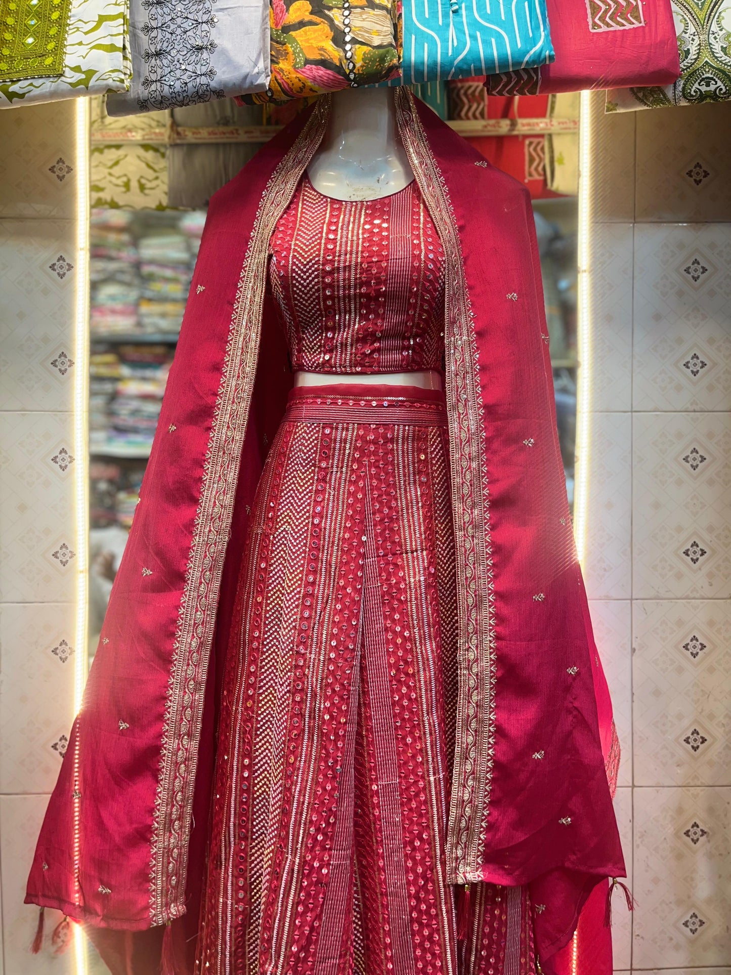 Royal Crimson Mirror Work Lehenga.
