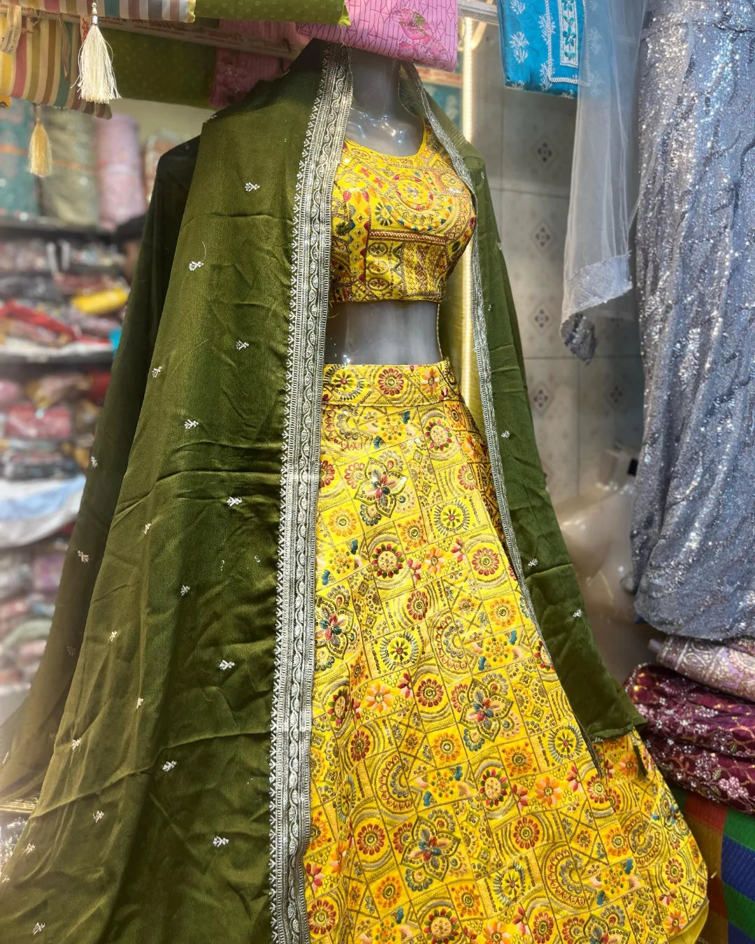 Shiny Yellow Multi-Embroidery Crop Top With Contrast Dupatta.
