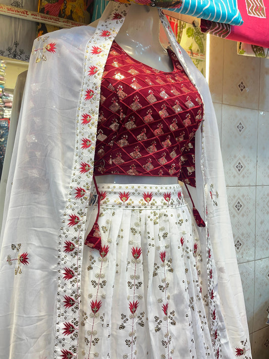 Elegant Red & White Embroidered Crop Top Lehenga Set