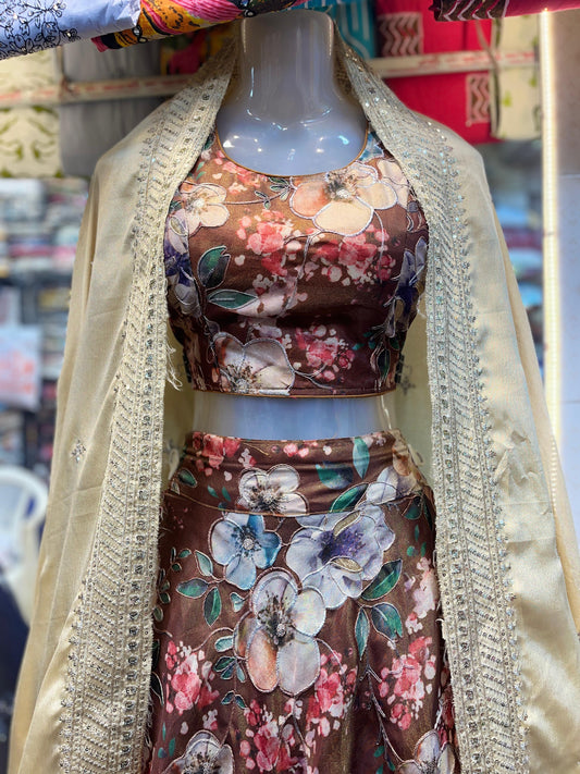 Elegant Brown Floral Crop Top Lehenga Set with Golden Dupatta