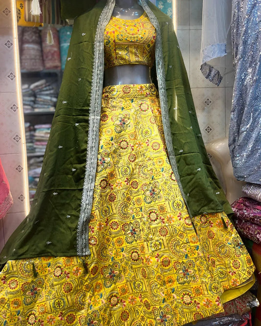 Shiny Yellow Multi-Embroidery Crop Top With Contrast Dupatta.