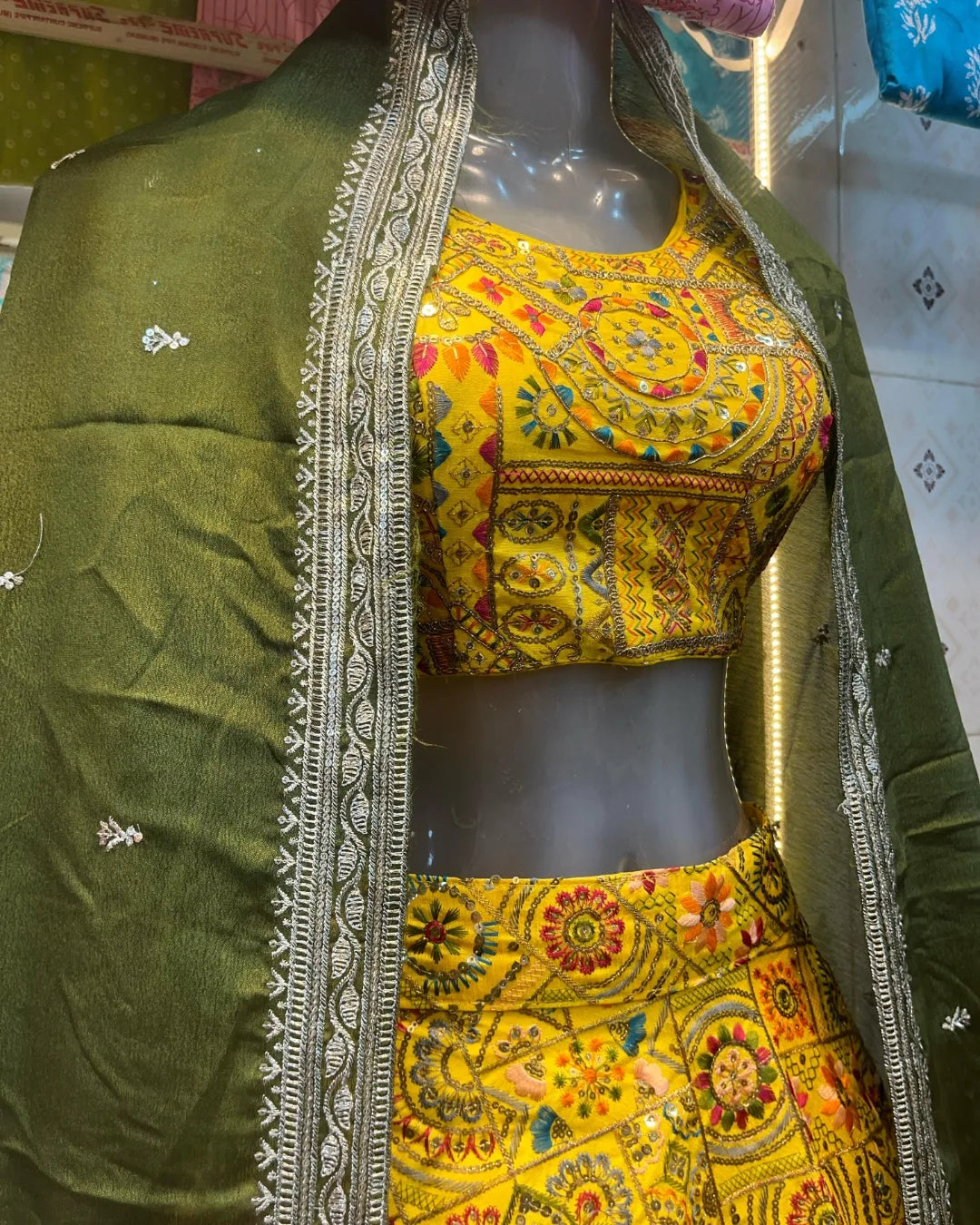 Shiny Yellow Multi-Embroidery Crop Top With Contrast Dupatta.