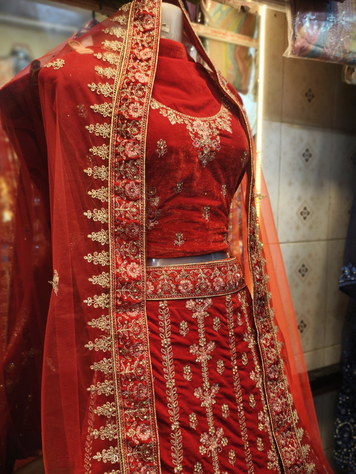 Royal Red Bridal Velvet Lehenga with Intricate Zari and Embroidery Work