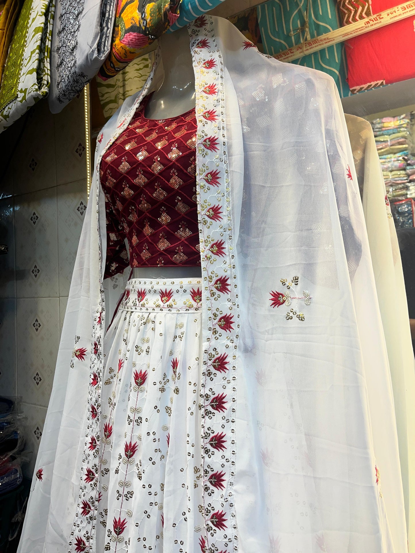 Elegant Red & White Embroidered Crop Top Lehenga Set