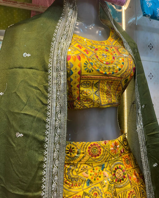 Shiny Yellow Multi-Embroidery Crop Top With Contrast Dupatta.