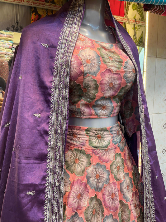 Floral Bliss Silk Lehenga with Purple Dupatta