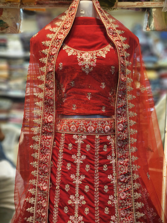 Royal Red Bridal Velvet Lehenga with Intricate Zari and Embroidery Work