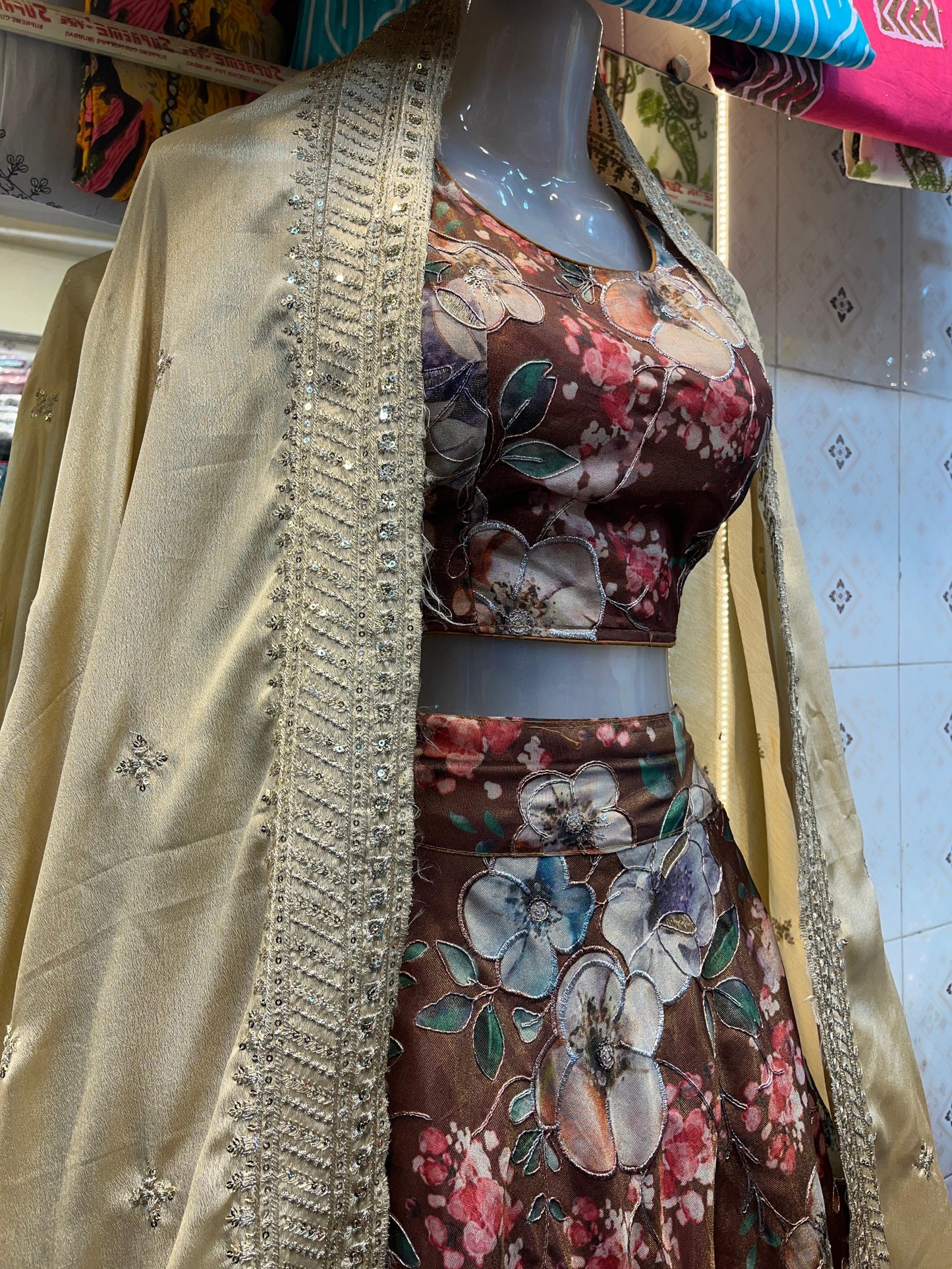 Elegant Brown Floral Crop Top Lehenga Set with Golden Dupatta