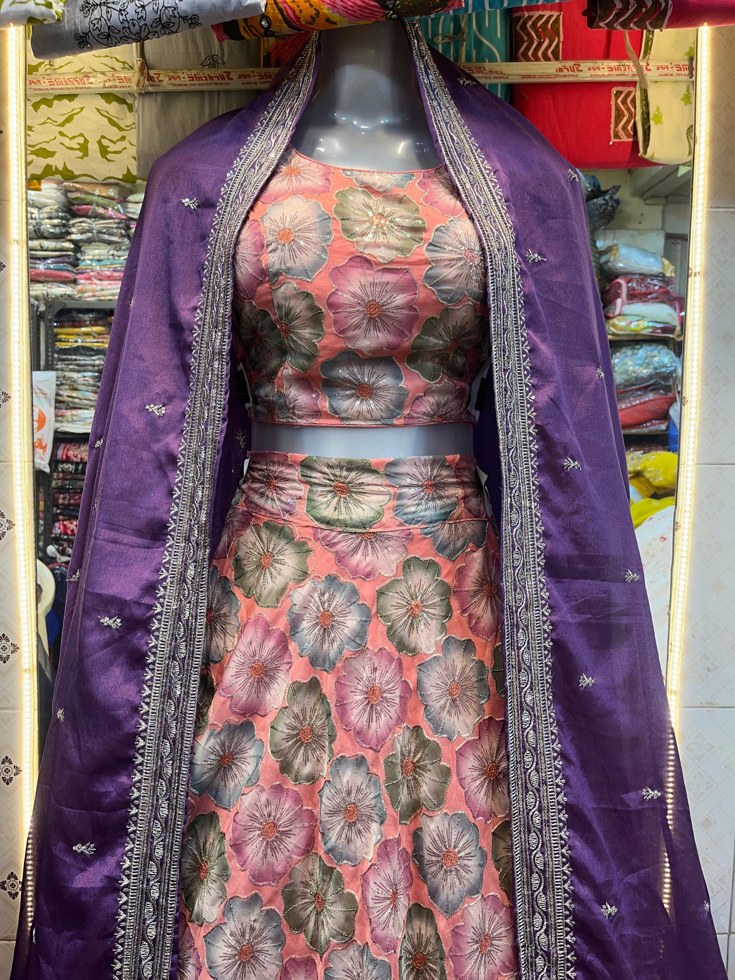 Floral Bliss Silk Lehenga with Purple Dupatta