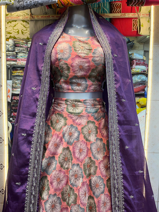 Floral Bliss Silk Lehenga with Purple Dupatta
